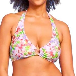 NWT Floral Halter Tie Center Front Ring Bralette Bikini Top Size XL